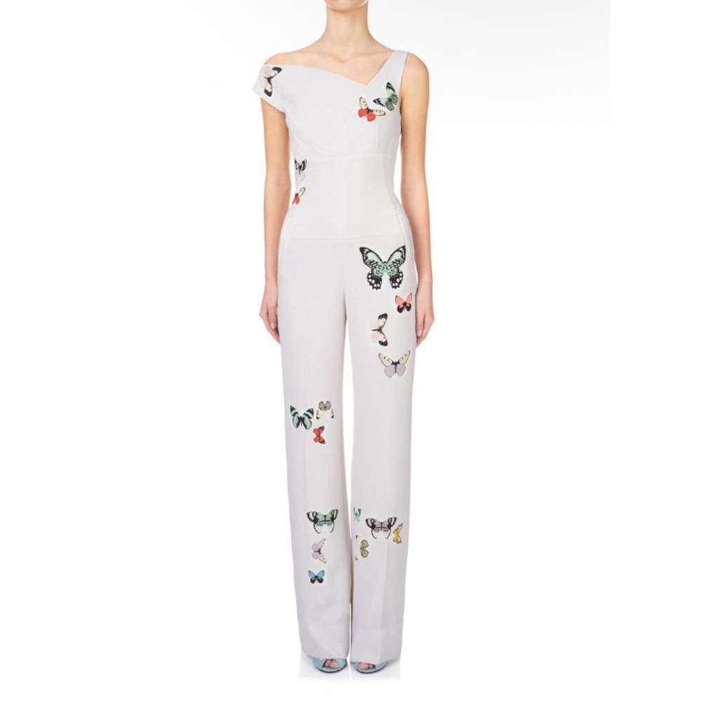 Roland Mouret Ramsey jumpsuit Size 6 Ivory Butterly Print Wide Leg Sleeveless